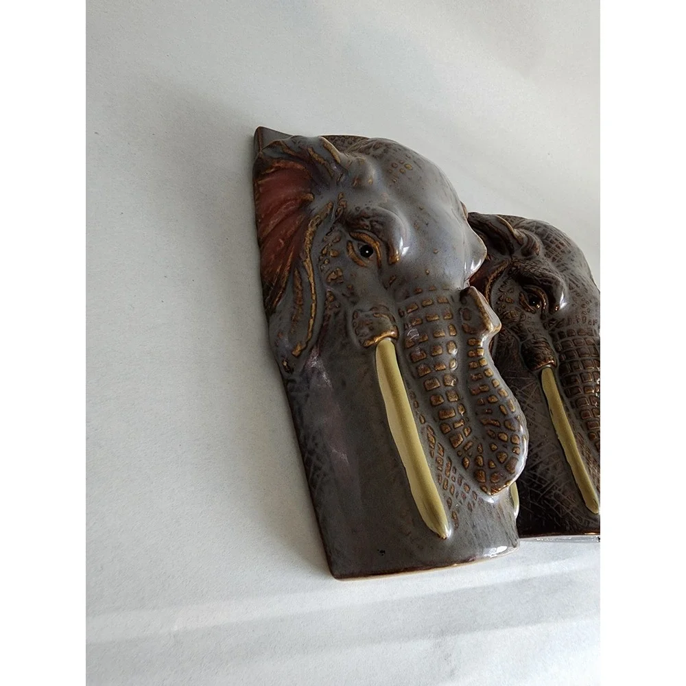 Vintage Ceramic Elephant Head Wall Pocket Planter Set Grey Brown Drip Glaze 6in
